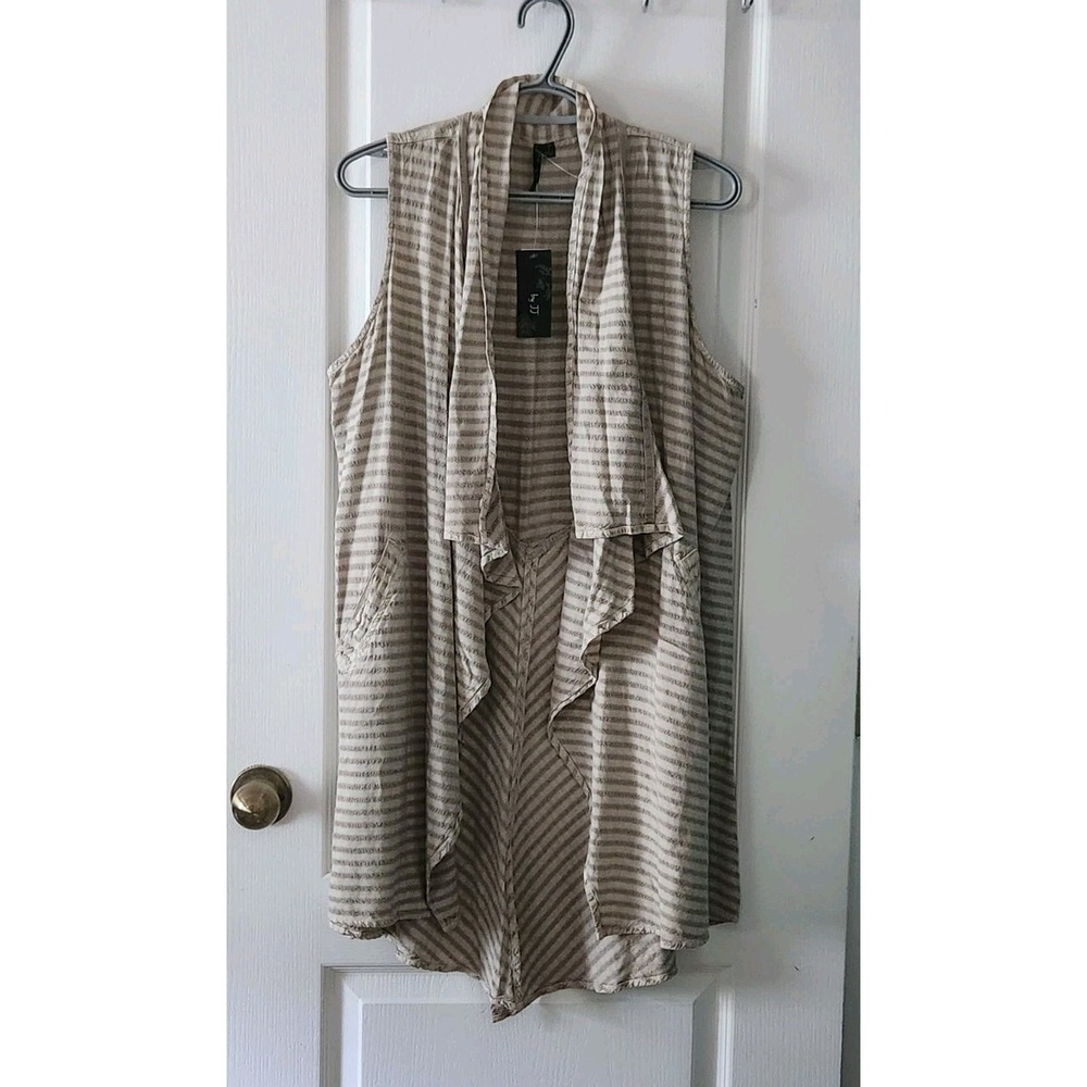 By JJ Womens Sleeveless Striped Open Front Cardigan Linen Bld Pockets Green Sz S